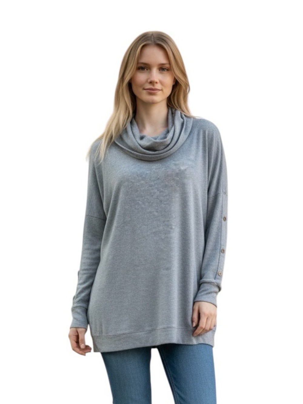 Cabi Cowl Snap Sleeve Pullover Lagenlook Minimalist Sweatshirt
